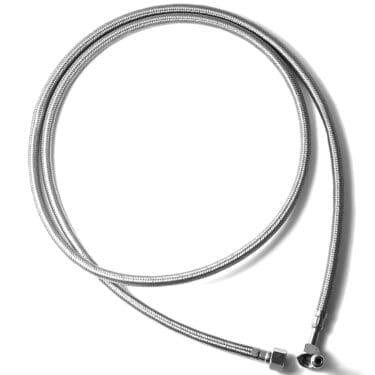 The V..474 2M stainless steel flex hose features a coiled, flexible design with hexagonal 3/8F connectors on both ends and an elbow on one side, shown against a white background. © 2025 1st-line.com