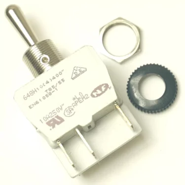 The V.5958 2 POLES 250V 15A SWITCH features a metal toggle, square white base, three metal prongs, threaded shaft, and includes a metal hex nut and black circular washer. © 2025 1st-line.com