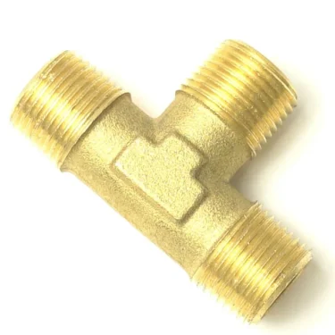 The V..900 3/8 T FITTING is a brass connector with three 3/8 threaded male ends, ideal for plumbing or gas line connections, shown isolated on a white background. © 2025 1st-line.com