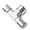 The V..906 3/8 ELBOW is a stainless steel, metallic T-shaped pipe fitting with three cylindrical openings for connecting pipes at right angles. It features a smooth, shiny surface. © 2025 1st-line.com