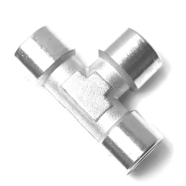 The V..906 3/8 ELBOW is a stainless steel, metallic T-shaped pipe fitting with three cylindrical openings for connecting pipes at right angles. It features a smooth, shiny surface. © 2025 1st-line.com