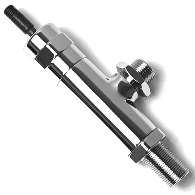 The VBM RACCRUBLOLLO Lollo Tap Body is a shiny chrome plumbing valve with threaded ends and a side outlet, shown isolated on a white background. © 2025 1st-line.com