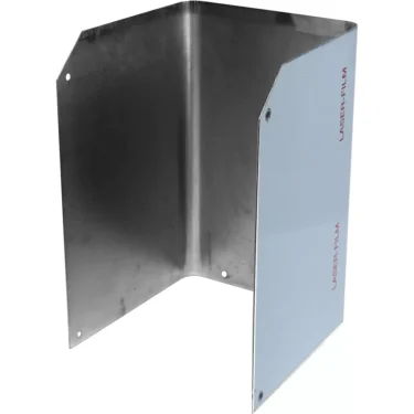 The VBM TELADOMRJUNV2 Stainless Steel Body Panel features a bent design with three sections—two reflective silver panels and one blue LASER FILM-covered panel—plus four mounting holes along the edges. © 2025 1st-line.com