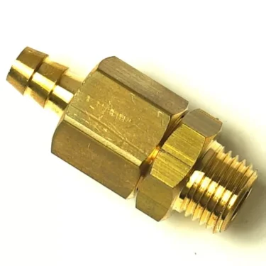 The VBM.23 CAP is a brass hose barb fitting with a hexagonal center, threaded end on one side, and a ridged hose connection on the other, shown against a white background. © 2025 1st-line.com