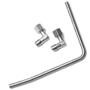 The VES10056 Vesuvius Steam Valve Tube Kit, featuring a metal L-shaped tube and two small silver right-angle threaded fittings, is displayed on a white background. © 2025 1st-line.com