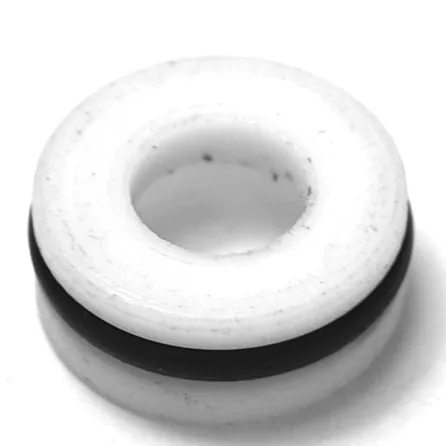 The W.5157 STEAM/WATER WAND NYLON SPRING SEAT is a white circular nylon ring with a large central hole and a black rubber o-ring around the edge, shown on a plain white background. © 2025 1st-line.com