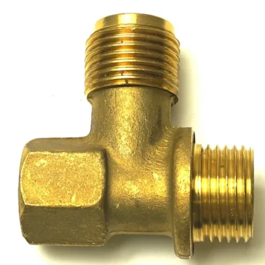 The W10571 MODERN WATER HANDLE is a brass elbow fitting with one female and two male threaded ends at a 90-degree angle, perfect for modern water handle installations. © 2025 1st-line.com