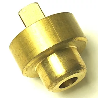 The W26003 TOP QUALITY LEVER ROD is a smooth, cylindrical brass part featuring a square peg on top, wide central disc, and hollowed circular base—perfect for precision machinery or devices. © 2025 1st-line.com