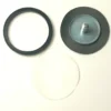Three circular objects on a white background: a black ring, a metal disc with bolt labeled V..865 3/8 PUMP FILTER, and a clear round sheet, arranged in a rough triangle. © 2025 1st-line.com