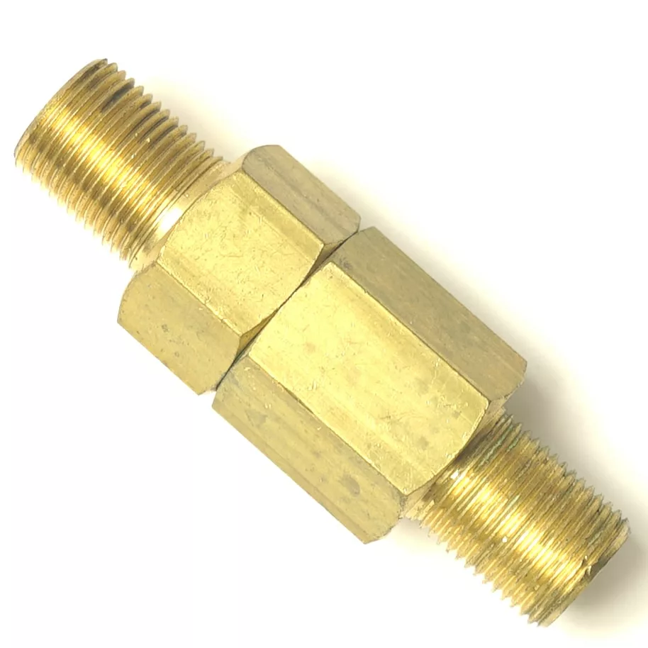 V..865 3/8 PUMP FILTER: Brass double-ended hex pipe nipple with 3/8 male threads and central hex, ideal for pump filter connections. Shown on a white background. © 2025 1st-line.com