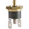 A close-up of the ECM C199901550.1 Safety Thermostat 145°C by 1st-Line Equipment, showcasing its brass and black finish, threaded top, hexagonal nut, cylindrical body, and two flat metal connectors at the base.