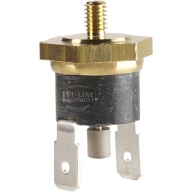 A close-up of the ECM C199901550.1 Safety Thermostat 145°C by 1st-Line Equipment, showcasing its brass and black finish, threaded top, hexagonal nut, cylindrical body, and two flat metal connectors at the base.