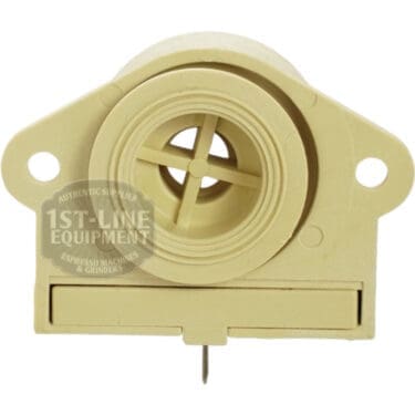 The VBM MATECVAASENSORENW WATER TANK SENSOR is a beige plastic part with two mounting holes, a central circular opening with crossbars, and a metal pin at the bottom. It features the 1st-Line Equipment logo and fits VBM MATEC models as a water tank sensor.