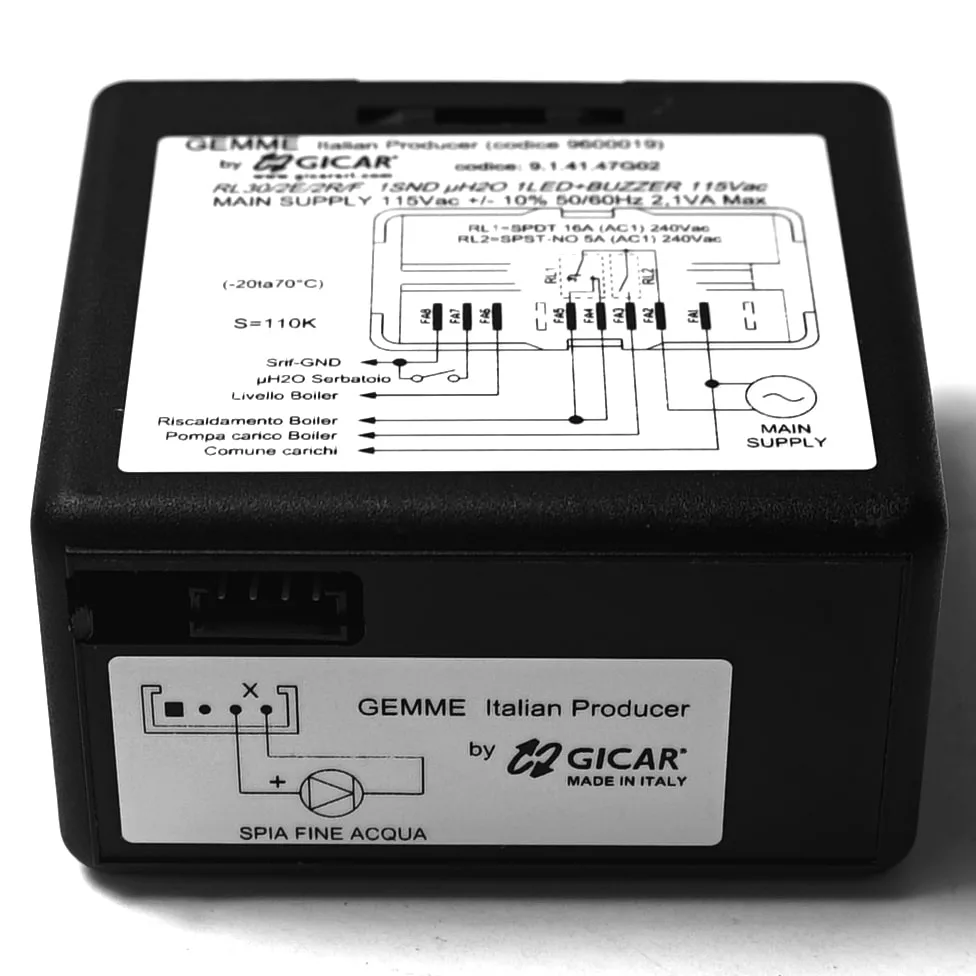 A black Gicar 9600046 Brain Unit (DISCONTINUED, 9.3.01.09G01) for Lelit Bianca PL162T features wiring instructions, technical specs, and a connection diagram on top, with labeled terminals and an indicator light on the side. © 2025 1st-line.com