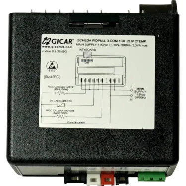 A black Gicar ACS Minima Brain Unit MIN1021 features a wiring diagram and specifications on top, with connection ports and technical details for appliance or system integration. © 2025 1st-line.com