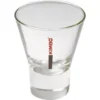 A clear, empty glass espresso shot glass with a thick base. KIMBO is printed vertically in red beside a brown stripe—ideal for dosing shots from your DISCONTINUED Mazzer SMISCAEU6/QQQ Short Bean Hopper Assembly (320g). © 2025 1st-line.com