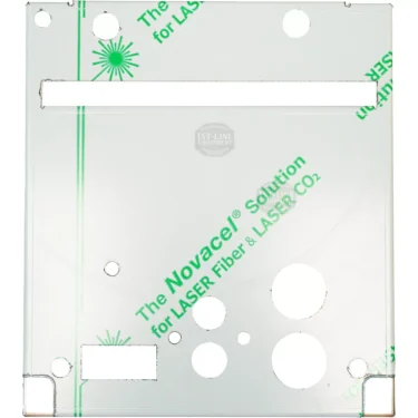 A clear square plastic front panel with protective film, featuring round and rectangular cutouts—ideal for IZZO IZFE1290 Alex PID III. Green text: Novacel Solution for LASER Fiber & LASER CO2. © 2025 1st-line.com