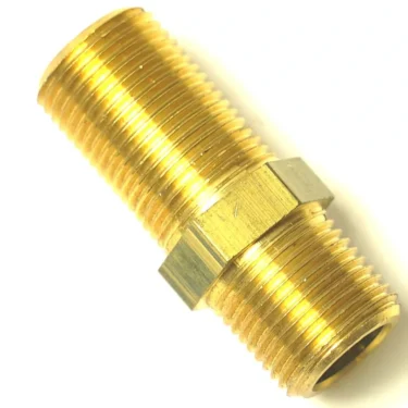A close-up image of the V.7480 3/8 L 25mm x 3/8 L 46mm brass pipe fitting, featuring external threads on both ends and a hexagonal center for wrench tightening. © 2025 1st-line.com
