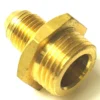 A close-up of a brass hex nipple fitting with external threads on both ends for pipe or hose connections. Nearby, an F..919 RUBBER FOOT sits on the white background, showcasing compatible plumbing accessories. © 2025 1st-line.com