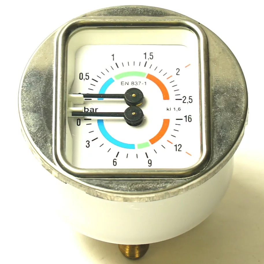 A close-up of a round pressure gauge with a square metal frame shows a 0–4 bar scale with blue, orange, and green segments; an F.2951 ELBOW 1 CUP SPOUT fitting is visible beside the gauge. © 2025 1st-line.com
