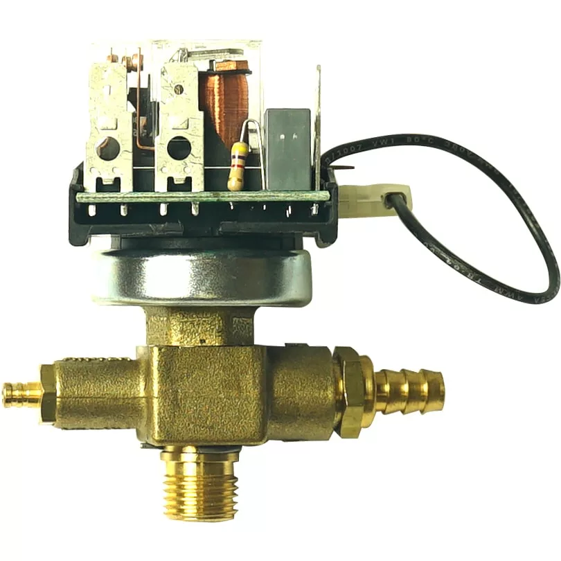 A close-up of the 1st-line Pressure Switch (0.5-1.5 Bar) shows its brass solenoid valve with an electrical coil, wires, and connectors on top, designed for precise control of liquid or gas flow in low-pressure systems. © 2025 1st-line.com