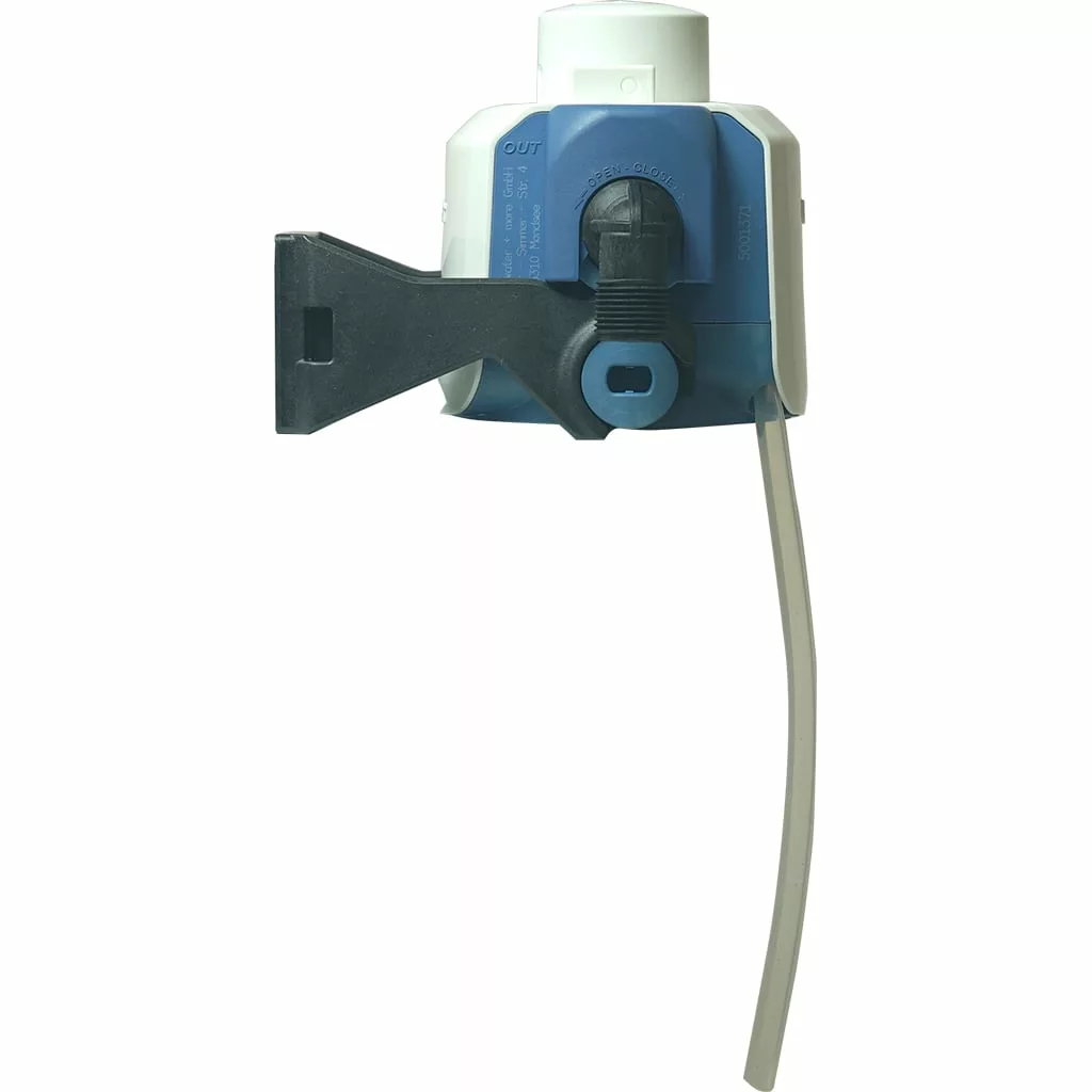 A close-up of the BWT 812420 Besthead Flex Filter Head in blue and white plastic, featuring a black lever handle and a gray hose attached at the bottom, isolated on a white background. © 2025 1st-line.com