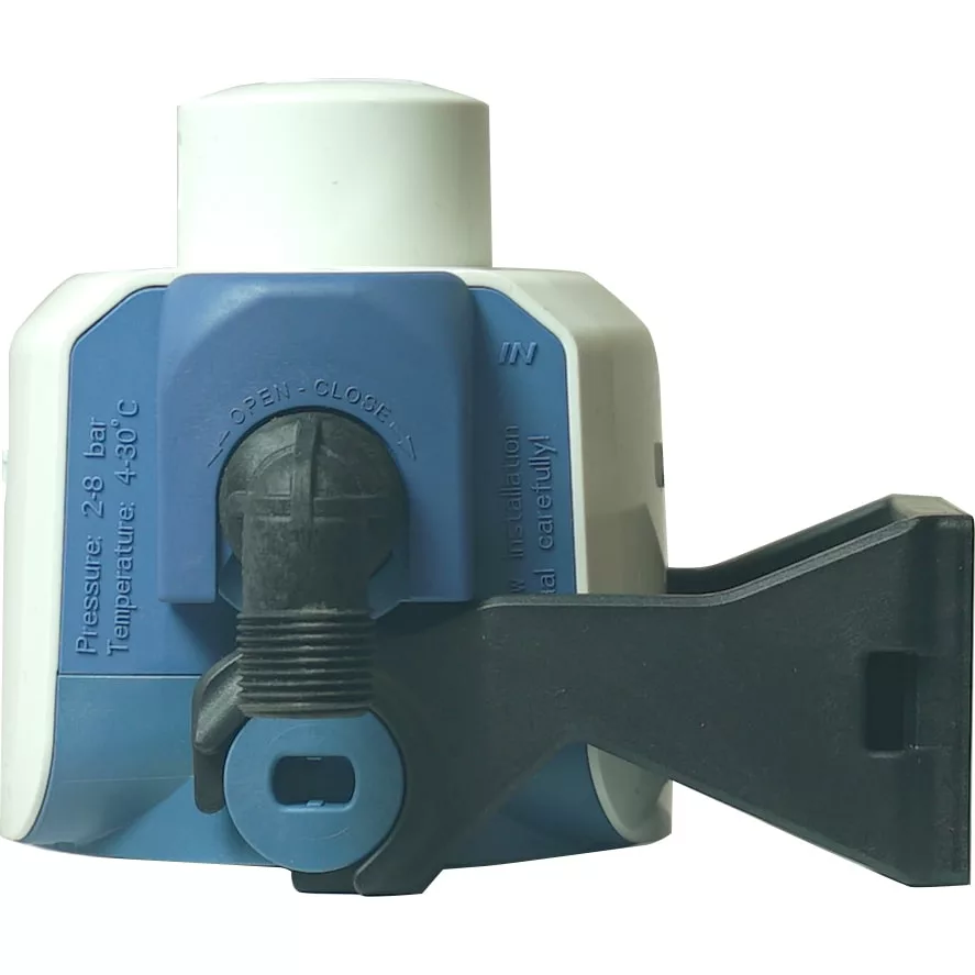 A close-up of the BWT 812420 Besthead Flex Filter Head shows its blue and white design, black lever handle, pressure and temperature labels, plus an open/close indicator on the front. © 2025 1st-line.com