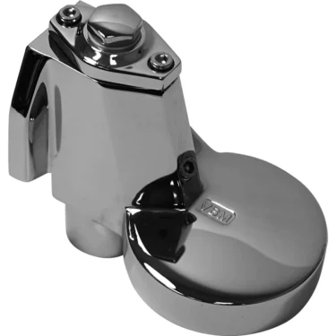 A close-up of the chrome-plated VBM GRUPAUT SUPER GROUPHEAD AUTOMATIC GROUP valve, showing smooth, rounded surfaces, visible screws, and a “VBM” label. © 2025 1st-line.com