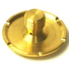 A close-up of the DISCONTINUED F..219 MICROSWITCH 250V 10A shows its round, gold-colored metal body with a threaded central shaft and four evenly spaced notches on the edge, used in 250V, 10A microswitch applications. © 2025 1st-line.com