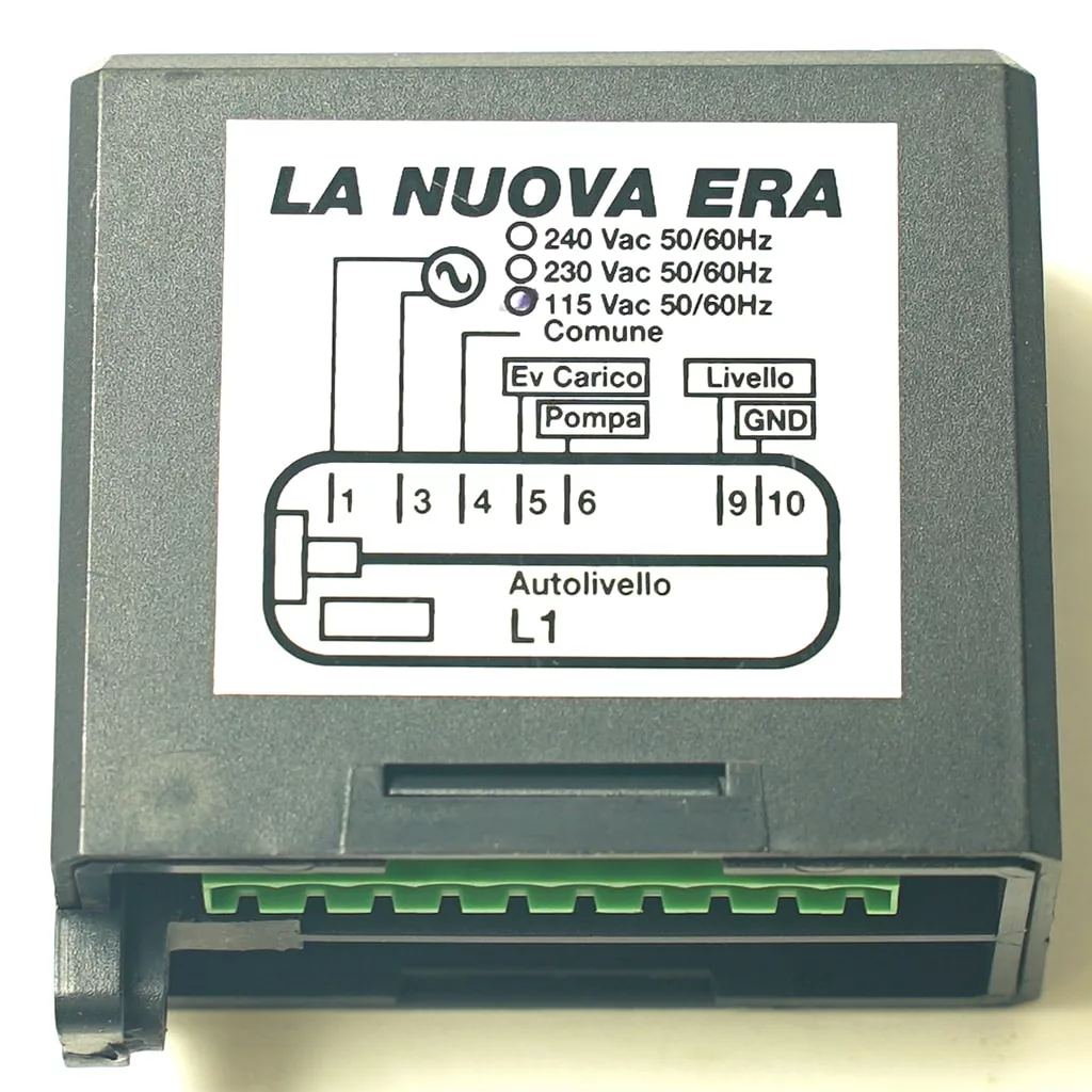 A close-up of the DISCONTINUED La Nuova Era NE023002 Fuse 15A 250V shows labeled terminals, a wiring diagram, and voltage specs (240V/230V/115V) on its top sticker. © 2025 1st-line.com
