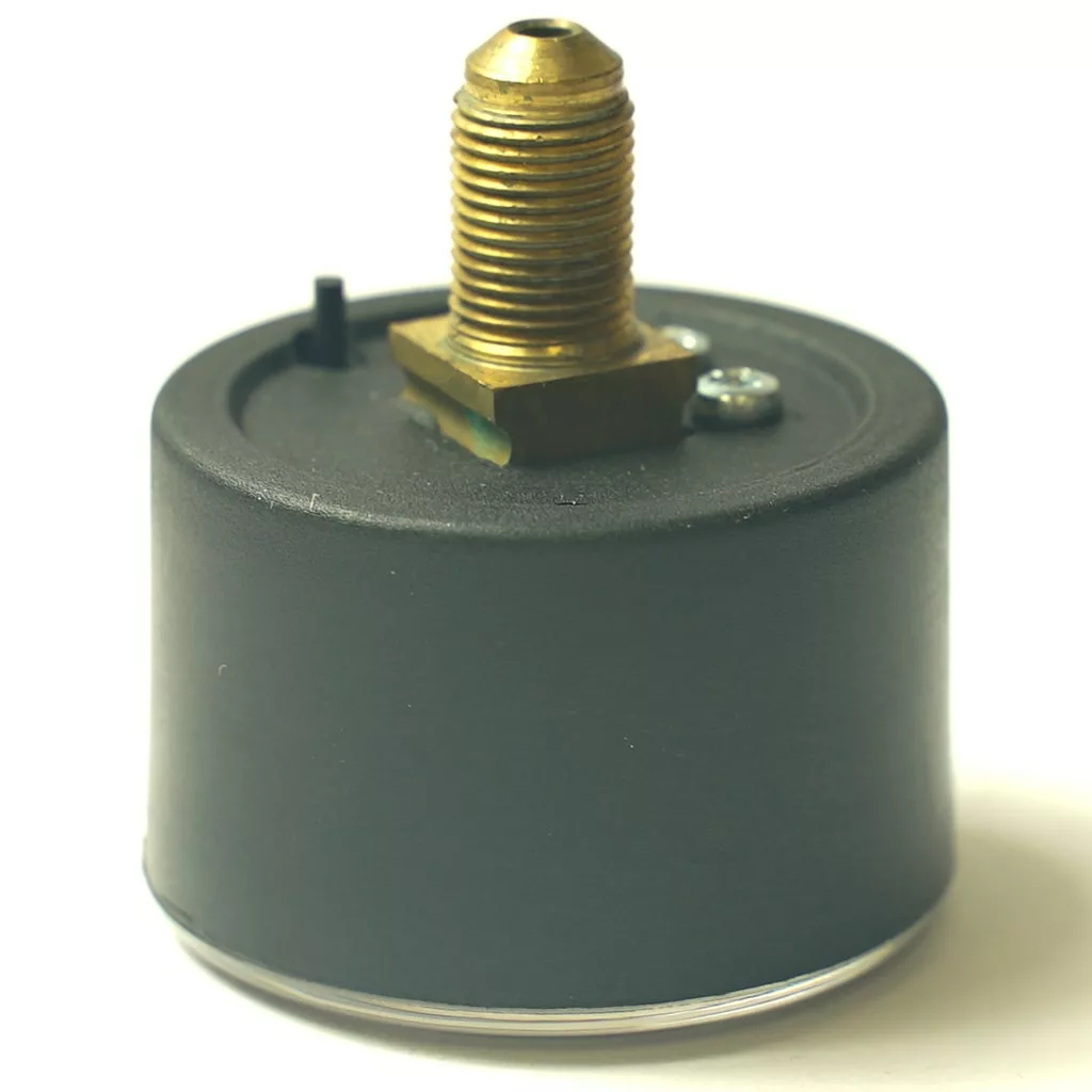A close-up of the F.1091 SINGLE SCALE PRESSURE GAUGE 0-2.5 bar shows a black cylindrical sensor with a brass threaded connector, visible gauge face, two small screws, and a pin on the top surface against a white background. © 2025 1st-line.com