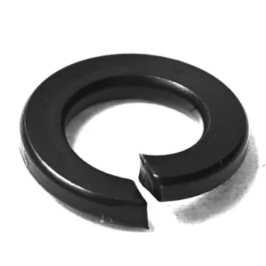 A close-up of the F.1093 M8 Elastic Washer 14.4x8.4x4 mm shows its black metal split, slightly twisted design against a white background. © 2025 1st-line.com