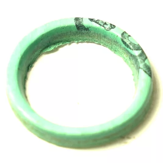 A close-up of the F.1181 ALIMENTARY GASKET 36x30x2mm, light green with black markings and visible wear, displayed against a plain white background. © 2025 1st-line.com