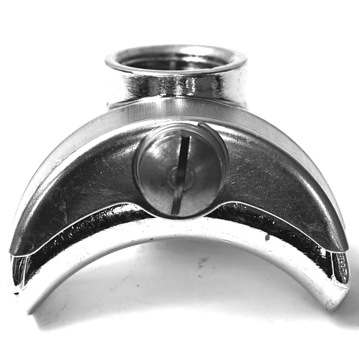 A close-up of the F.1706 ADJUSTABLE TWO-WAY SPOUT, highlighting its shiny metal body and curved design, is shown from the front against a smooth, reflective surface with a white background. © 2025 1st-line.com