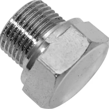 A close-up of the F..198 E61 CHROME GROUP HEAD MUSHROOM CAP, a metallic hexagonal bolt with threaded sides and a flat end, typically used as a pipe or plumbing plug. © 2025 1st-line.com