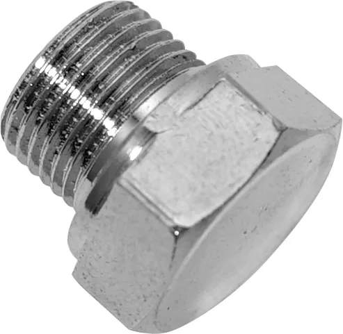 A close-up of the F..198 E61 CHROME GROUP HEAD MUSHROOM CAP, a metallic hexagonal bolt with threaded sides and a flat end, typically used as a pipe or plumbing plug. © 2025 1st-line.com