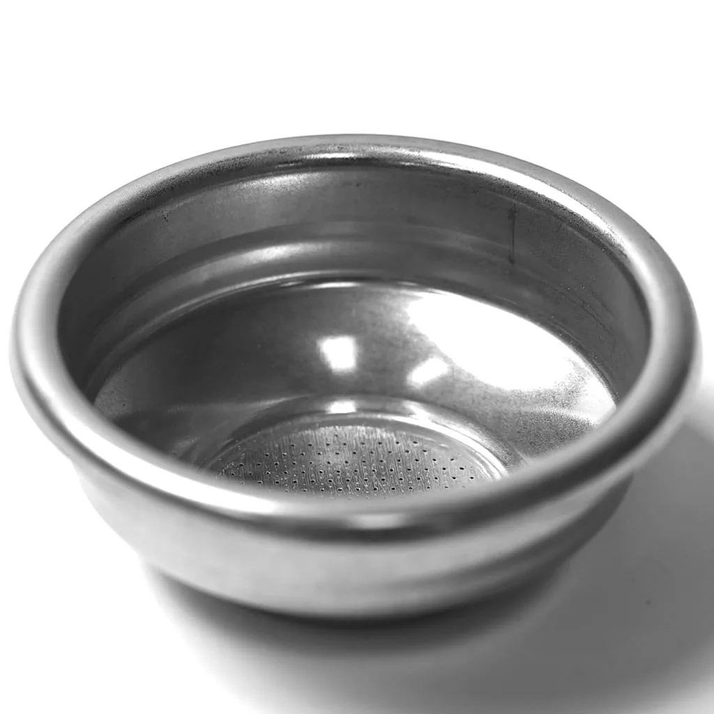 A close-up of the IB.254 EXPRESSION DEEP 1-CUP FILTER, a round stainless steel basket for espresso machines, shown empty on a white background. © 2025 1st-line.com