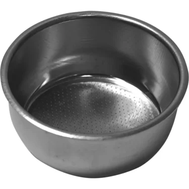 A close-up of the Lelit 1400041 3-Shot 57mm Filter Basket, made of stainless steel with a perforated bottom, designed for holding ground coffee in an espresso machine. © 2025 1st-line.com