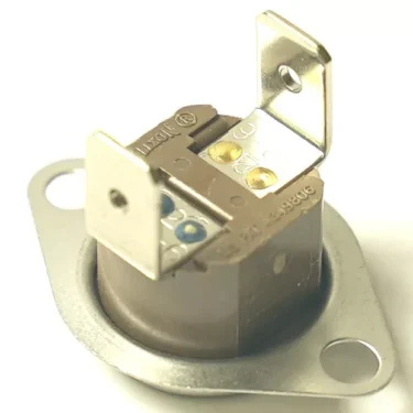 A close-up of the LT...1 90ºC THERMOSTAT featuring two mounting holes and two electrical terminals, shown against a white background. © 2025 1st-line.com