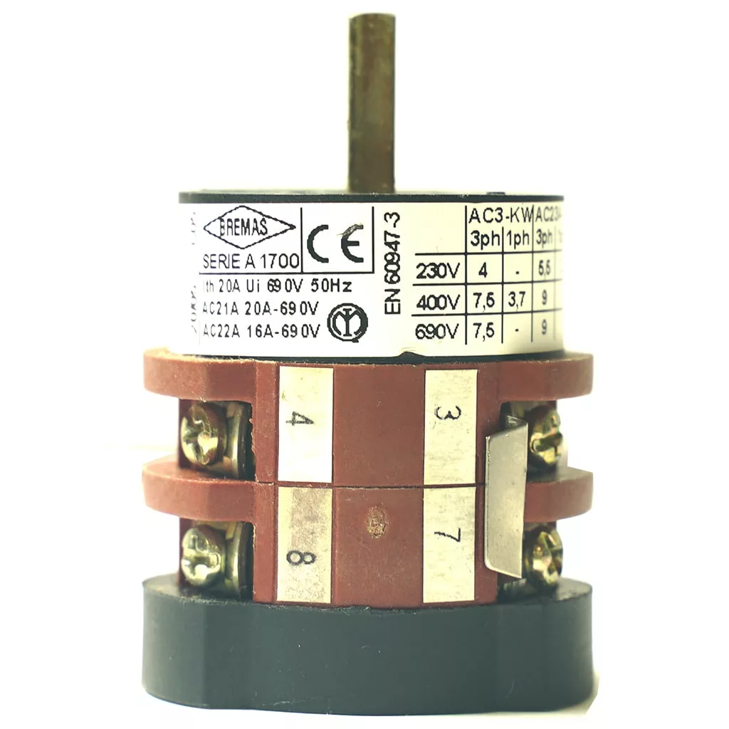 A close-up of the VBM ELETCOMDOMSUP 3 Position Switch - short version shows its terminals, screws, and a label with ratings and model number (A1700), standing upright on a white background. © 2025 1st-line.com