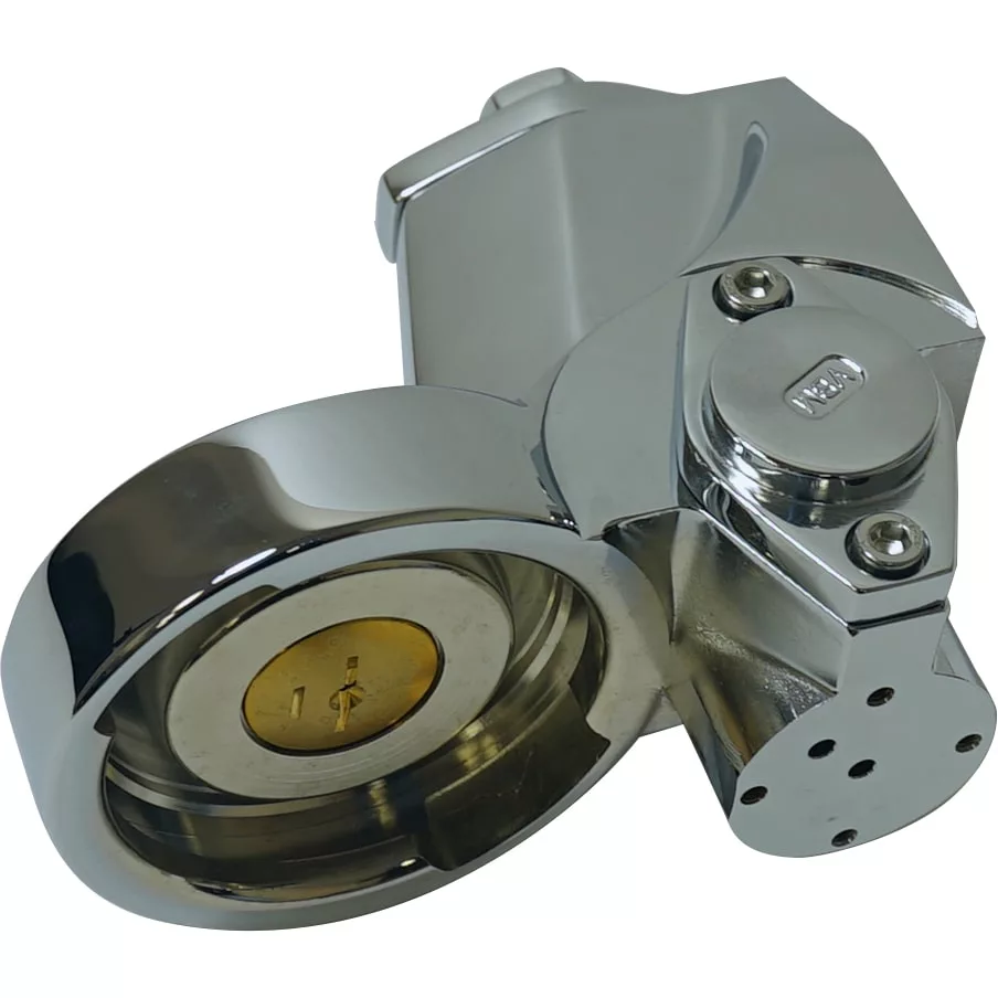 A close-up of the VBM GRUPAUT SUPER GROUPHEAD AUTOMATIC GROUP, showcasing its shiny, chrome-plated finish, visible keyhole, and circular locking mechanism with GRUPAUT precision engineering. © 2025 1st-line.com