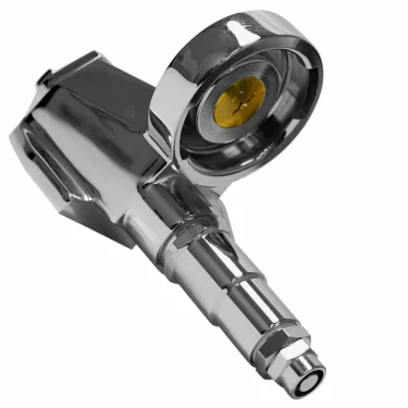 A close-up of the VBM GRUPMANREP291 MANUAL GROUPHEAD, a shiny metallic beer tap or keg coupler with a circular handle and detailed reflective surface, ideal for dispensing draft beer. © 2025 1st-line.com