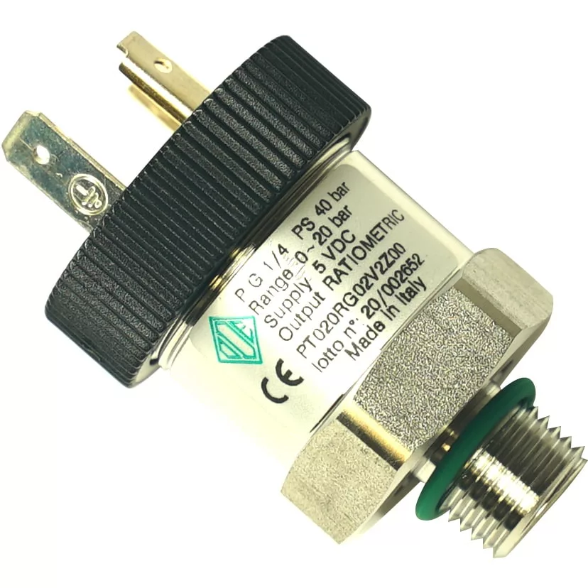 A close-up of the VBM TRASDODE Transducer - 20 bar, featuring a metal threaded connector, black plastic top with three electrical terminals, and a white label showing technical specifications. © 2025 1st-line.com