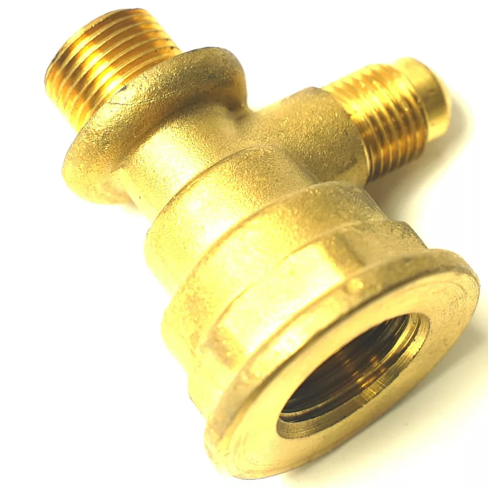 A close-up photo of the Futurmat TAP BODY, a brass plumbing fitting with threaded ends for pipe connections in Futurmat coffee machines, shown on a white background. © 2025 1st-line.com