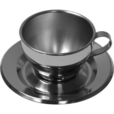 A pair of Motta 1514 stainless steel cappuccino cups with handles sit on matching round saucers, forming an elegant set of 2, displayed on a white background. © 2025 1st-line.com