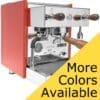 A red Bezzera Crema PM HX Espresso Machine with wooden handles, a pressure gauge, and stainless steel accents. A yellow triangle in the bottom right corner says “More Colors Available” in bold black text. © 2025 1st-line.com
