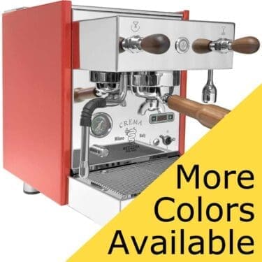 A red Bezzera Crema PM HX Espresso Machine with wooden handles, a pressure gauge, and stainless steel accents. A yellow triangle in the bottom right corner says “More Colors Available” in bold black text. © 2025 1st-line.com