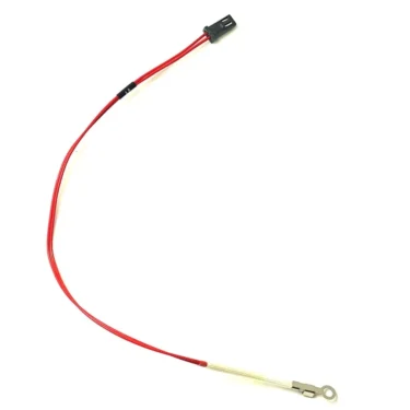 A red insulated wire with a black plastic connector and a metal ring terminal (PID Probe Ring) on opposite ends, set against a white background. The Bezzera 7666003 PID Probe Ring is compatible with Bezzera machines. © 2025 1st-line.com