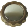 A small, round mirror with a wooden, gear-shaped frame and smooth, wavy edges. Its natural brown finish and rustic look evoke the style of the 1st-line Walnut Steam/Hot Water Knob w/ Chrome Brass Plug. © 2025 1st-line.com