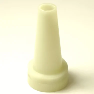 A white, cone-shaped plastic object resembling the Ascaso F..363 1-CUP STRAIGHT SHORT PORTAFILTER SPOUT, featuring a wide base and narrow top, stands upright on a light surface. © 2025 1st-line.com